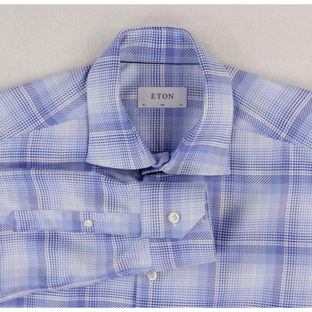 Eton Slim Fit Dress Shirt Mens 16 41 Blue White Glen Plaid Cotton Preppy